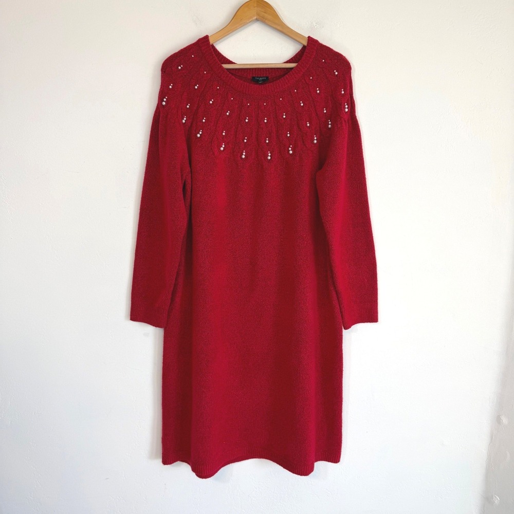 Talbots Plus Sweater Dress Red Pearl Embellished Cable Knit Holiday Christmas 1X